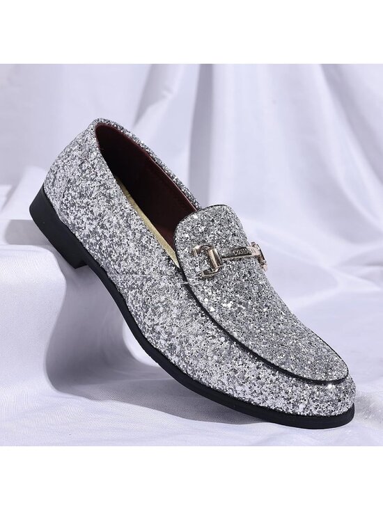 Men\'s Silver Rubber Sole Glitter Sequins Loafers Tuxedo Gold Buckle Luxury Shoes main image 6